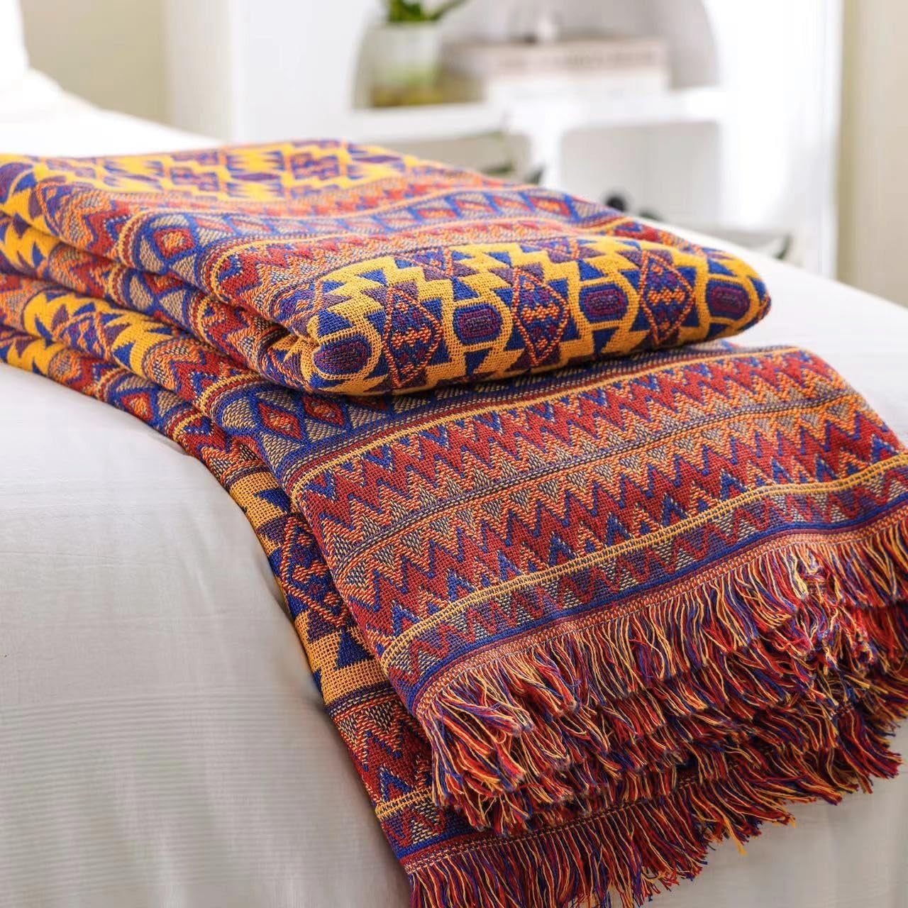 Coperta Boh¨¦mien in Cotone Intrecciato con Frange per Divani Letti e Poltrone 9